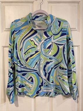 ICIKULS UPF 50+ Shirt Large 1/4 Zip Blue Mod Print Mesh Activewear Stretchy